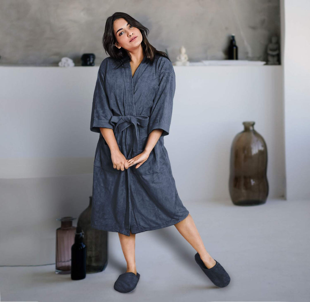 Grey Color Kimono Style Ultra Soft Microfiber Bathrobe with slippers 