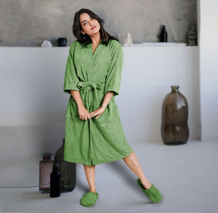 Green Color Kimono Style Ultra Soft Microfiber Bathrobe with slippers 