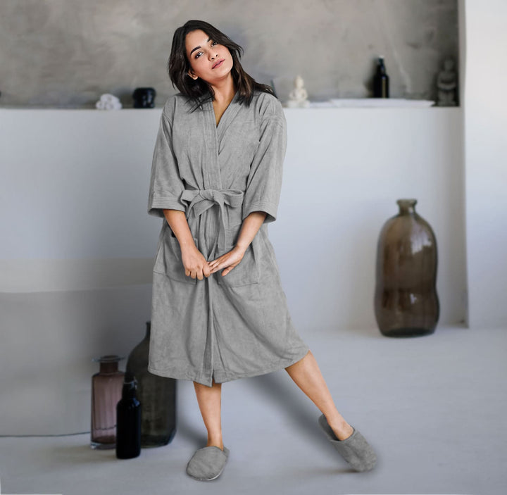 Grey Color Kimono Style Ultra Soft Microfiber Bathrobe with slippers 