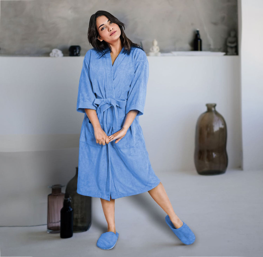 Sky Blue Color Kimono Style Ultra Soft Microfiber Bathrobe with slippers 