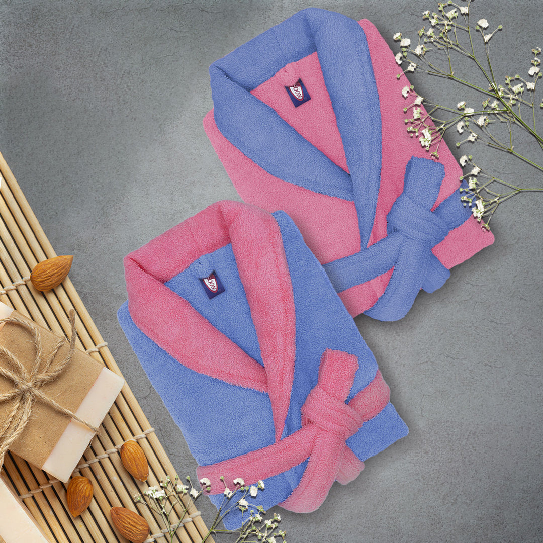 Pink & Blue Color Luxury Couple Bathrobe, Ultrasoft Terry Cotton Bathrobe with 500 GSM ( Highly absorbent, Kimono Style, Pockets, Soft & Fluffy, Quick Dry, Hemmed Finishing)