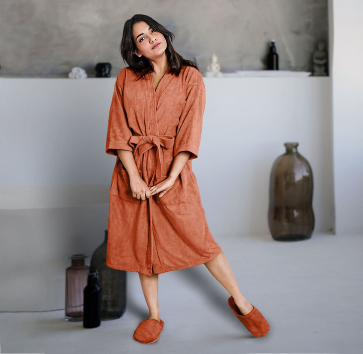 Rust Color Kimono Style Ultra Soft Microfiber Bathrobe with slippers 