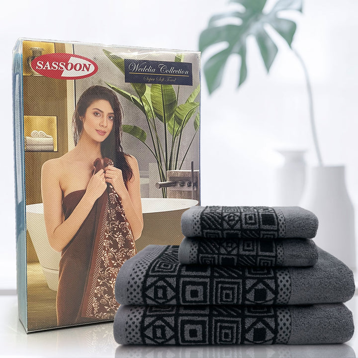 Black Color Zero Twist Cotton Towel 4 Pcs Gift Set-380 GSM ( Luxury Towel, Highly Absorbent Towel, Color Fade resistant towel)