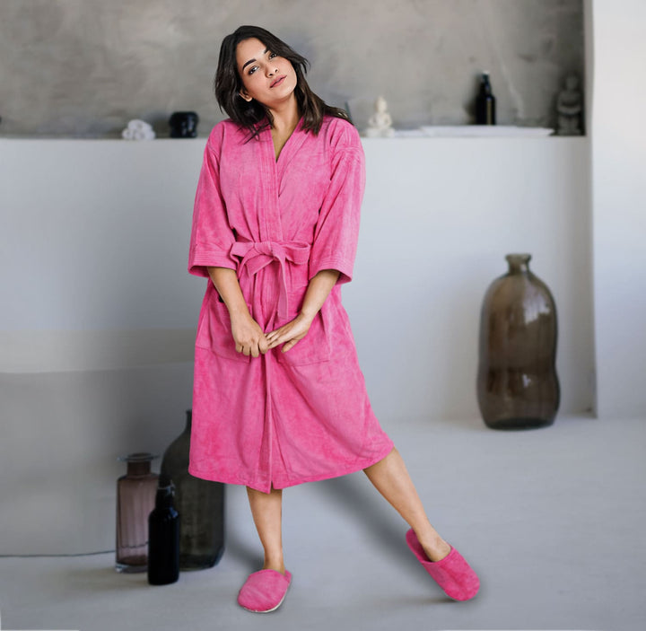 Pink Color Kimono Style Ultra Soft Microfiber Bathrobe with slippers 