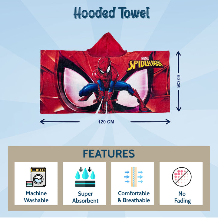 Spiderman Printed Cotton Hooded Towel For Kids with 400 GSM ( Quick Drying, Fade Resistant, 100% Cotton, Super Absorbent) 