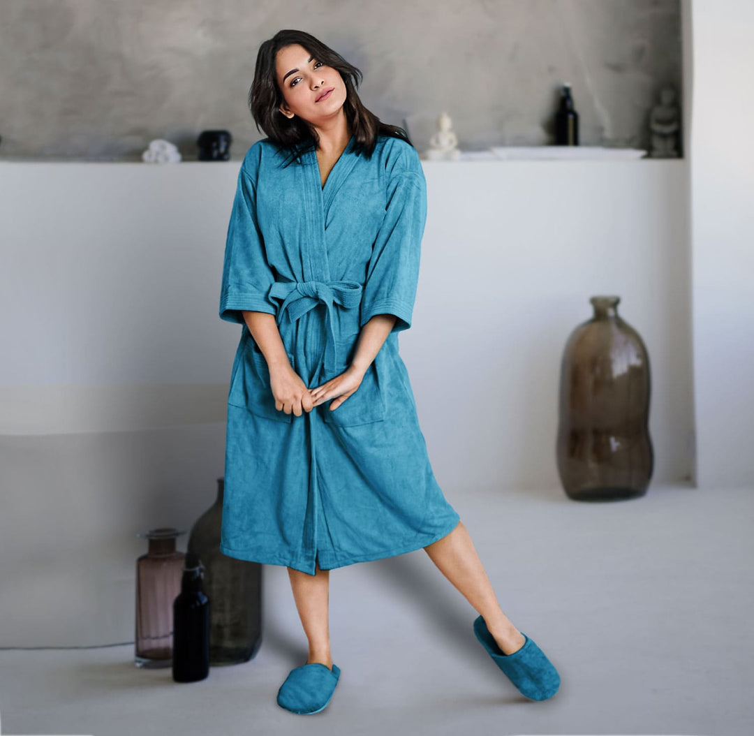 Blue Color Kimono Style Ultra Soft Microfiber Bathrobe with slippers 