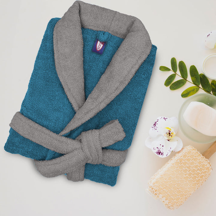 Blue & Grey Color Ultrasoft Terry Cotton Bathrobe with 500 GSM ( Highly absorbent, Kimono Style, Pockets, Soft & Fluffy, Quick Dry, Hemmed Finishing)