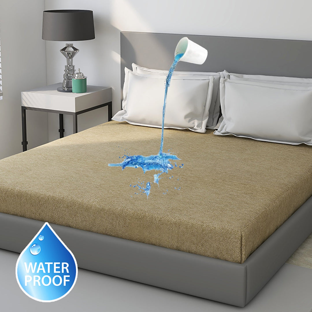 Beige Color Terry Cotton Mattress Protector with 200 GSM (100% waterproof, Doesn't contain PVC, vinyl or phthalates, Absorbs all the natural moisture, Has TPU Film, Hypoallergenic and Antibacterial, Machine Washable, Fits mattresses up to 8 inches)