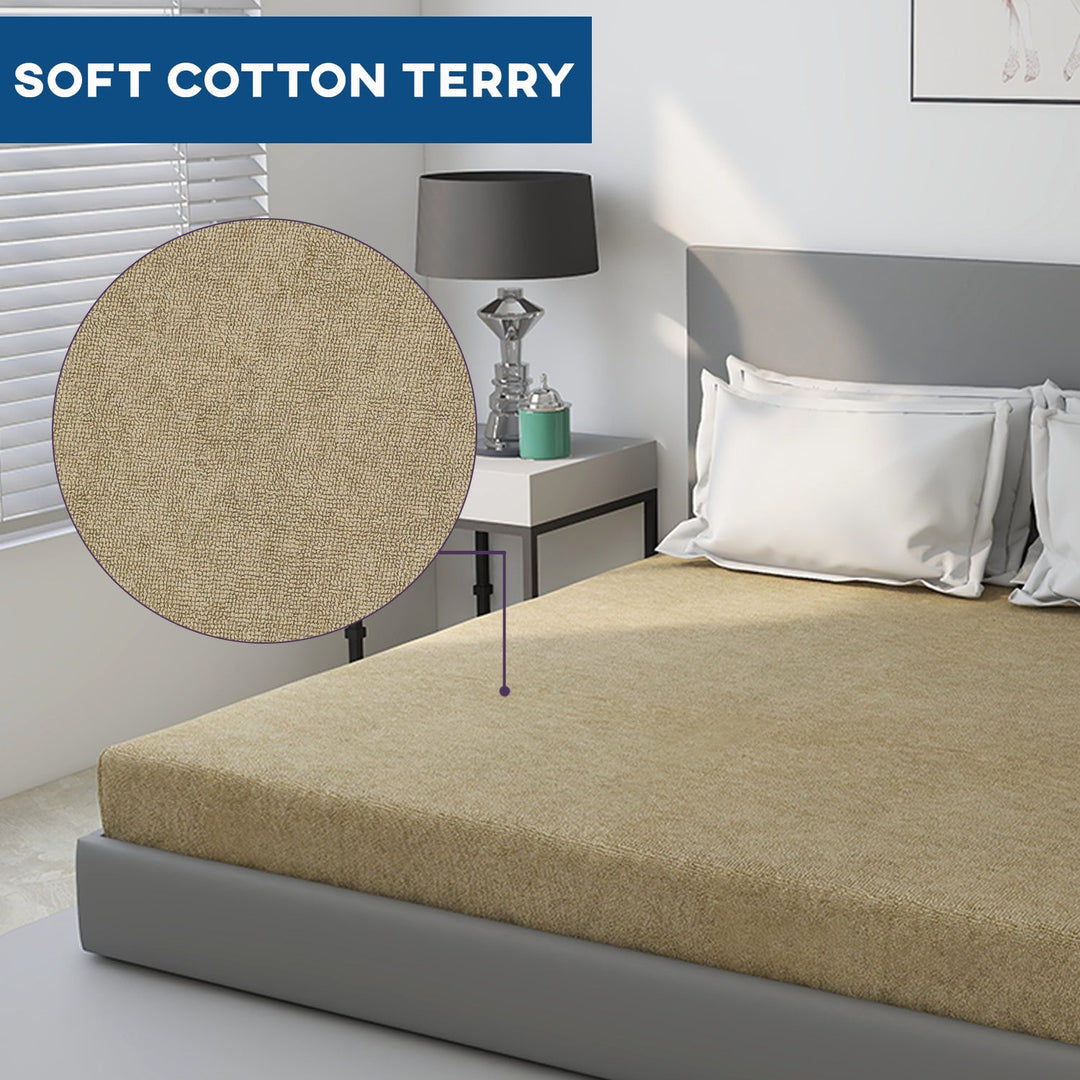 Beige Color Terry Cotton Mattress Protector with 200 GSM (100% waterproof, Doesn't contain PVC, vinyl or phthalates, Absorbs all the natural moisture, Has TPU Film, Hypoallergenic and Antibacterial, Machine Washable, Fits mattresses up to 8 inches)