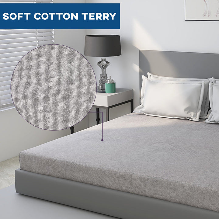 Grey Color Terry Cotton Mattress Protector with 200 GSM (100% waterproof, Doesn't contain PVC, vinyl or phthalates, Absorbs all the natural moisture, Has TPU Film, Hypoallergenic and Antibacterial, Machine Washable, Fits mattresses up to 8 inches)