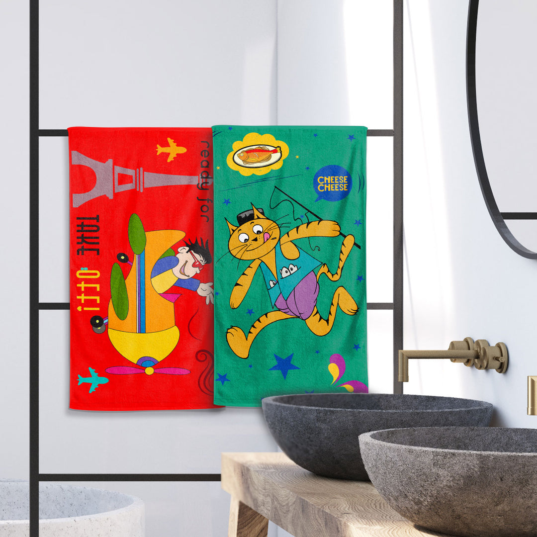 Cartoon Printed Hand Towels For Kids - 38cmx58cm ( Machine Washable, Highly Absorbent, 100% Rich Cotton, Luxury Softness)