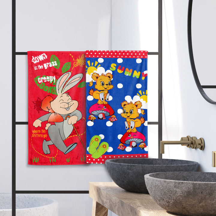 Cartoon Printed Hand Towels For Kids - 38cmx58cm ( Machine Washable, Highly Absorbent, 100% Rich Cotton, Luxury Softness)