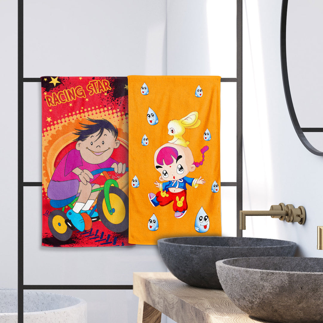 Cartoon Printed Hand Towels For Kids - 38cmx58cm ( Machine Washable, Highly Absorbent, 100% Rich Cotton, Luxury Softness)